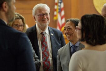 Senators smile ahead of a final vote on House Bill 57 on Monday, April 28, 2025.
