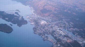 An aerial view of the City of Kodiak, April 9, 2025.