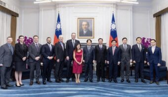 Gov. Mike Dunleavy and other state of Alaska officials pose for a photo with Taiwan President Lai Ching-te, center, and other government officials during Dunleavy’s trip to Taiwan last month.