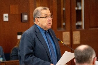 Sen. Lyman Hoffman, D-Bethel, the Senate's chief budgeter, speaks on the floor of the Alaska Senate on Wednesday, May 7, 2025.