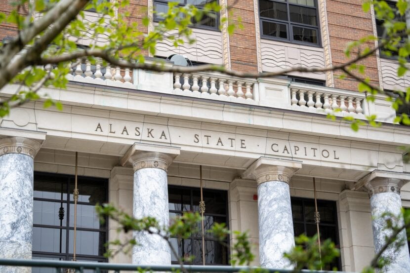 The facade of the Alaska State Capitol in Juneau on May 22, 2024.