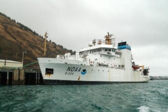At a Commerce Committee hearing this month, Sen. Dan Sullivan pushed for Deputy Secretary of Commerce nominee Paul Dabbar to make sure a contract was signed so the Oscar Dyson — a research vessel from Kodiak — could perform important fish stock surveys. The Oscar Dyson sits at Kodiak's Pier 2 on April 15, 2025.