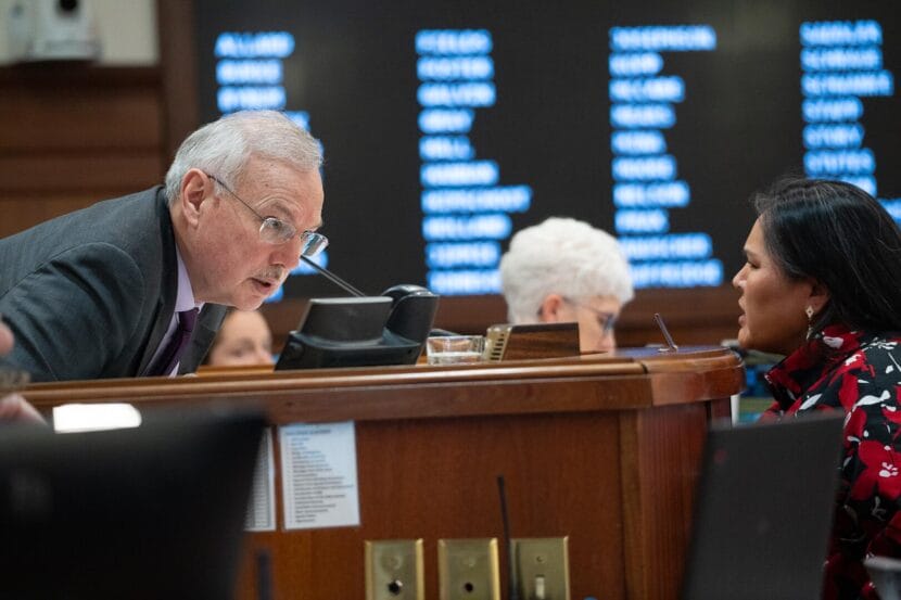 Rep. Nellie Jimmie, D-Tooksook Bay, speaks with House Speaker Bryce Edgmon, I-Dillingham, during a floor session on Monday, March 10, 2025.
