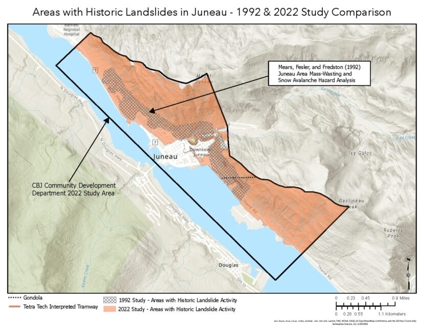 The draft landslide hazard map, edited to remove severity ratings, presented at a public meeting on June 30, 2025. (Image courtesy of Fairweather Science)