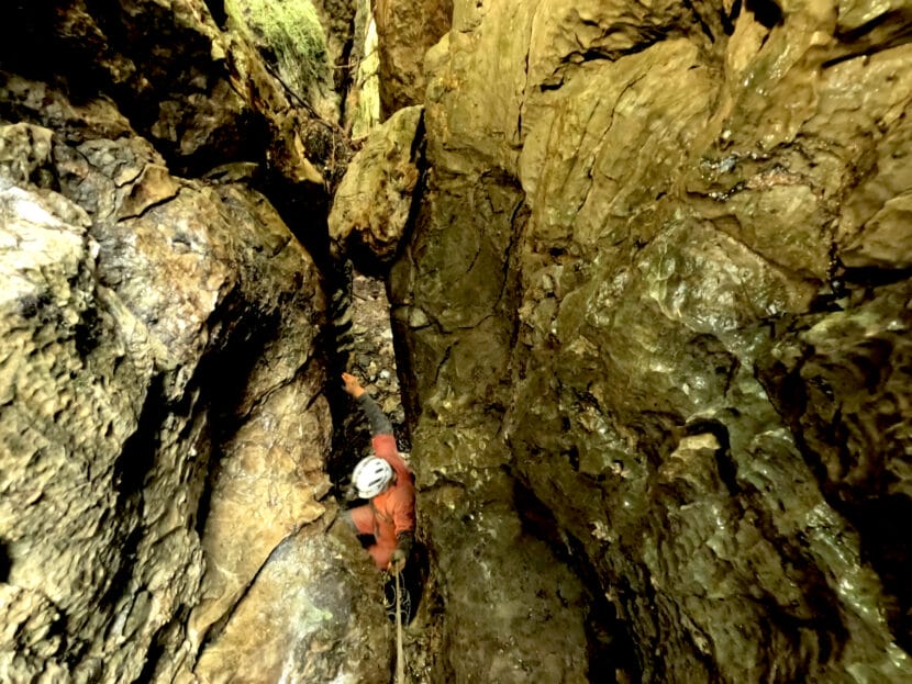 Paul Wilcox descends into Devil's Canopy Cave on Prince of Wales Island. (Photo courtesy of Jessica Honkonen)