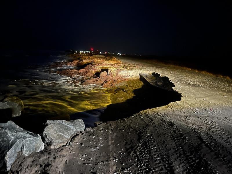 A section of road in Shishmaref washed out by the October 8, 2025 storm.