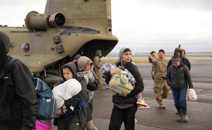 Evacuees from arrive in Bethel on Friday, Oct. 17, 2025.