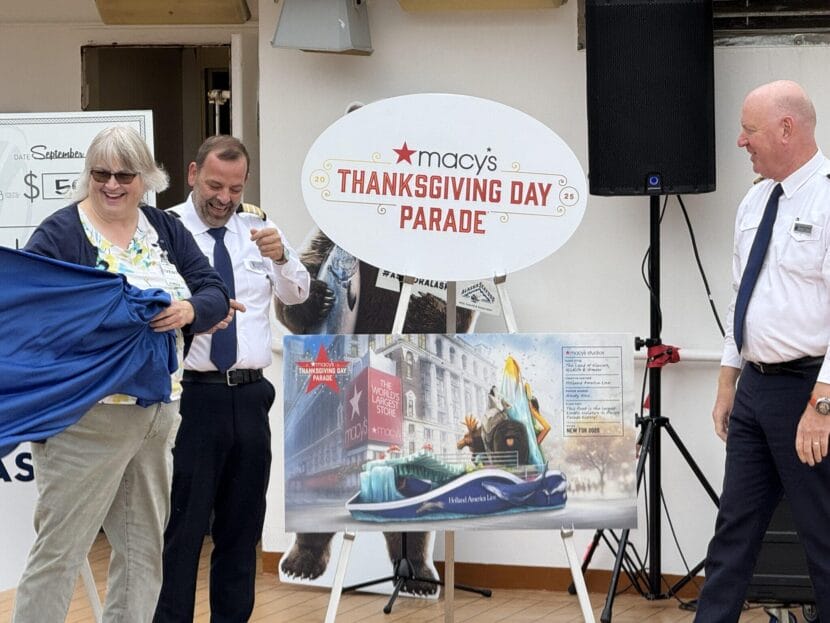 Officials with the cruise line Holland America announce an Alaska-themed float at the Macy’s Thanksgiving Day Parade in Juneau on Sep. 30, 2025.