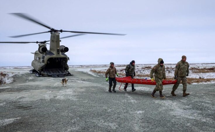 U.S. Army National Guard CH-47 Chinook aviators, assigned to the 207th Aviation Troop Command, Alaska Army National Guard, transport Alaska Organized Militia members and supplies to Kwigillingok, Alaska, Nov. 6, 2025, while supporting Operation Halong Response efforts.