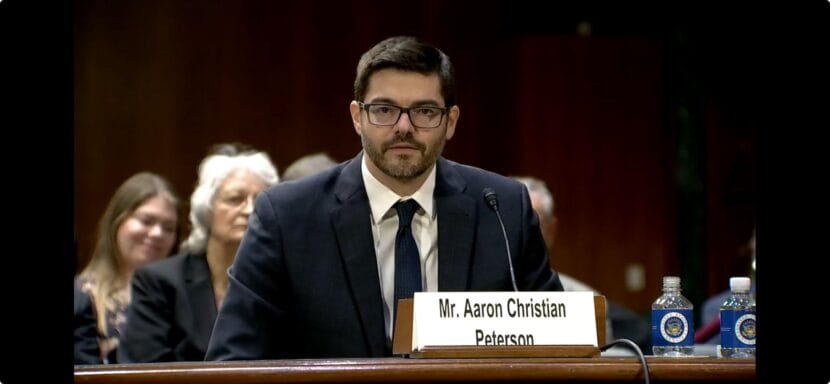Aaron Peterson at his confirmation hearing in the U.S. Senate Judiciary Committee onNov. 19, 2025.