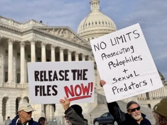 Advocates of releasing the Epstein files protested at the Capitol Nov. 18, 2025, before the House vote.
