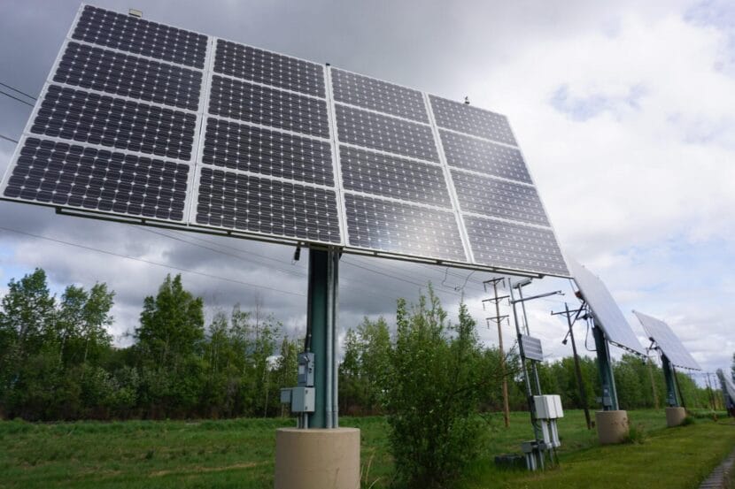 Solar panels at the Cold Climate Housing Research Center campus in Fairbanks are seen on June 5, 2025. The Cold Climate House Research Center, which became part of the National Renewable Energy Labortory system in 2020, is focused on designing sustainable and energy efficient housing that is resilient to climate change in the far north.