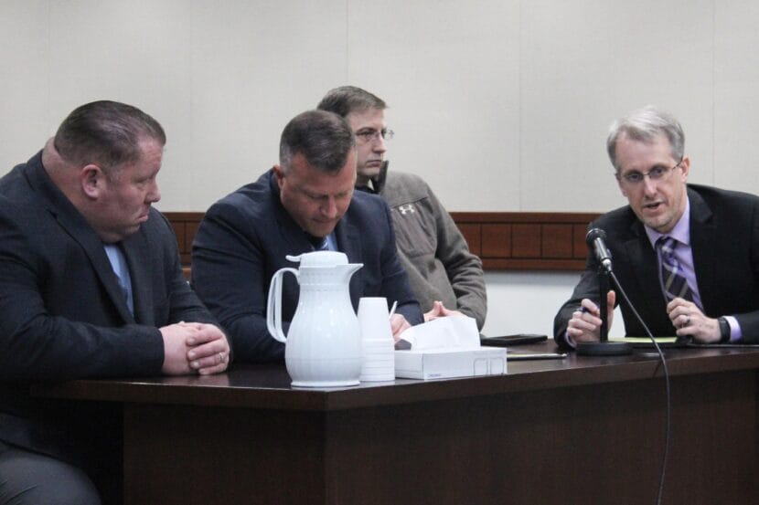 From left, Jason Woodruff, Clint Campion, Joseph Miller and Matthew Widmer participate in an arraignment hearing on Thursday, Nov. 14, 2024 in Kenai, Alaska.