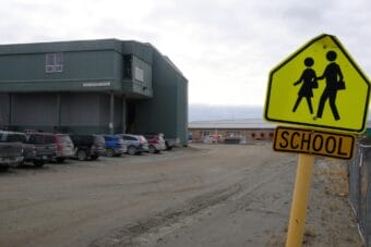A road sign marks the road towards the Lower Kuskokwim School District offices and the Bethel High School. October 9, 2023.