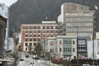 The Alaska State Capitol is seen behind other buildings on Tuesday, Feb. 10, 2026, in downtown Juneau.