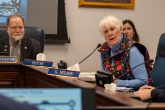 Rep. Louise Stutes, R-Kodiak, questions officials from the Department of Transportation and Public Facilities during a House Transportation Committee meeting in Juneau on Feb. 10, 2026.