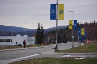 Student walks along West Ridge at the University of Alaska Fairbanks campus on Oct. 10, 2024.