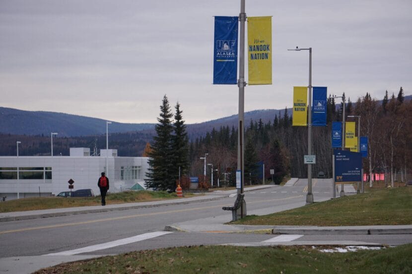 Student walks along West Ridge at the University of Alaska Fairbanks campus on Oct. 10, 2024.