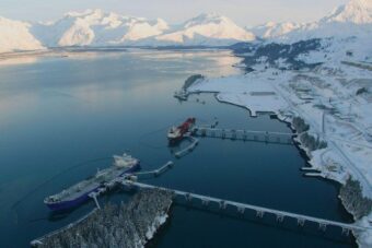 An oil tanker sits at the dock in Valdez, where vessels pick up crude moved from the North Slope by the Trans Alaska Pipeline System.