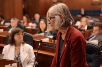 Rep. Andi Story, D-Juneau, speaks Wednesday, May 8, 2024, on the floor of the Alaska House of Representatives.