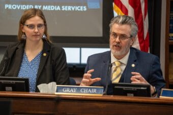 Rep. Andrew Gray, an Anchorage Democrat who chairs the House Judiciary Committee, speaks alongside Rep. Ashley Carrick, a Fairbanks Democrat and the House State Affairs Committee chair, during a joint hearing on March 2, 2026.