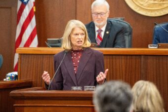 U.S. Sen. Lisa Murkowski delivers her annual legislative address at the Alaska State Capitol in Juneau on March 31, 2026.