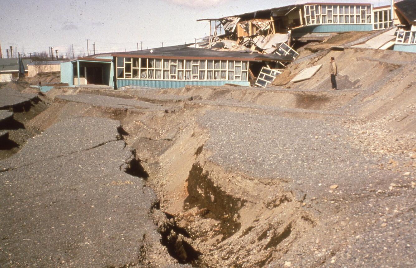 The remains of an Anchorage elementary school after the M9.2 Great Alaska Earthquake on March 27, 1964