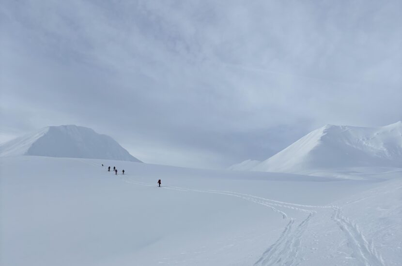 A small group of backcountry skiers ascend a slope near Haines Pass in January, 2026.