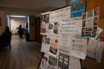 A board with resources for evacuees at the Wingate hotel on Nov. 14, 2025.