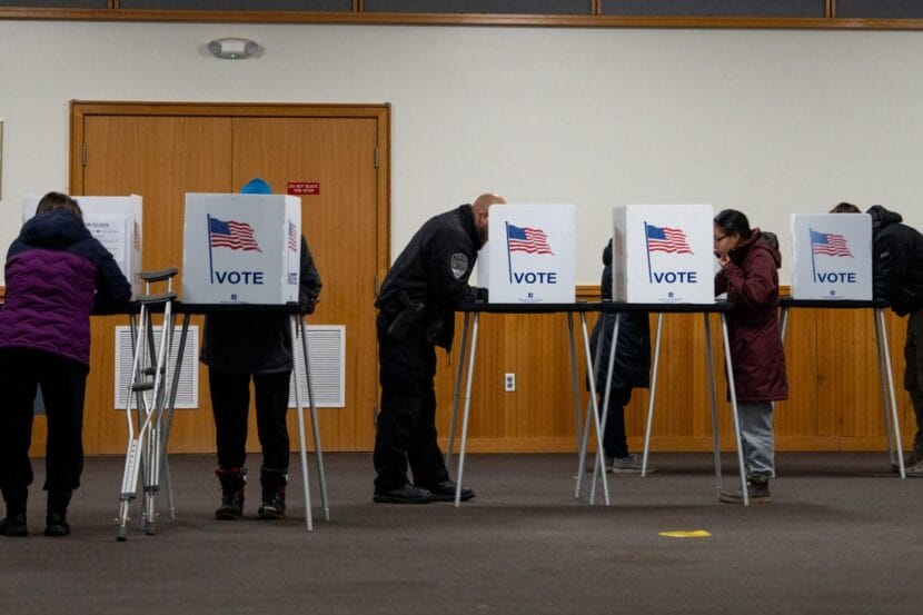 Voters fill out ballots at Bethel's Precinct 1 in the Yupiit Piciryarait Cultural Center on Nov. 5, 2024. (MaryCait Dolan/KYUK)