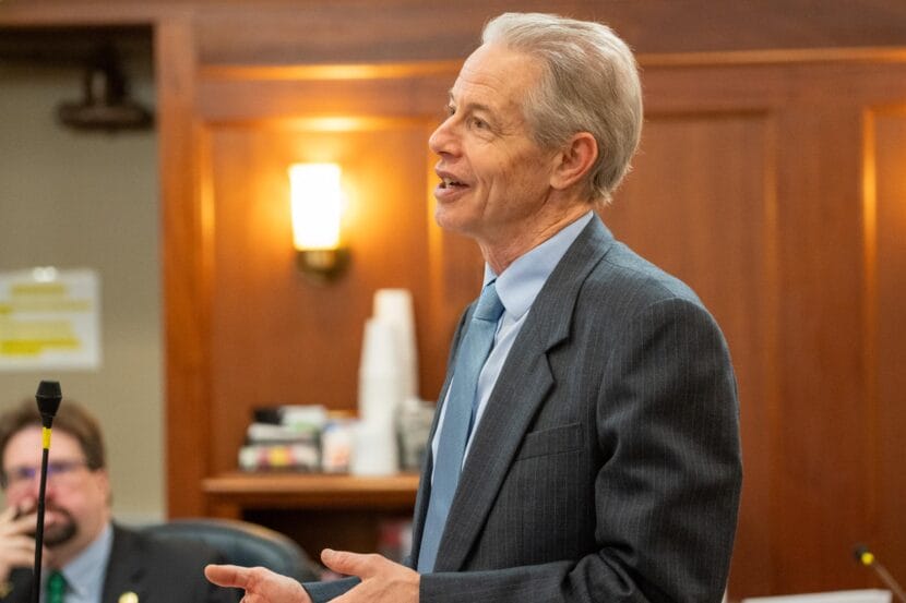 Anchorage Democratic state Sen. Matt Claman speaks on the floor of the Alaska Senate on April 28, 2025.