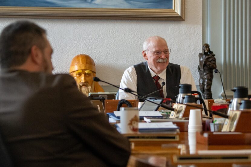 Sen. Bert Stedman smiles before a Senate Finance Committee meeting on April 14, 2026.