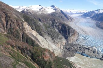 The South Sawyer Glacier and the aftermath of the Aug. 10 landslide captured on Aug. 13, 2025.