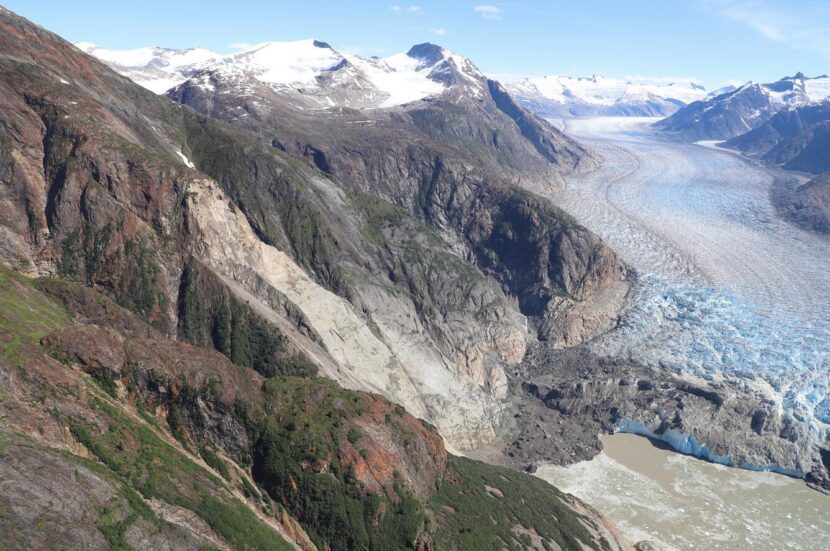 The South Sawyer Glacier and the aftermath of the Aug. 10 landslide captured on Aug. 13, 2025.