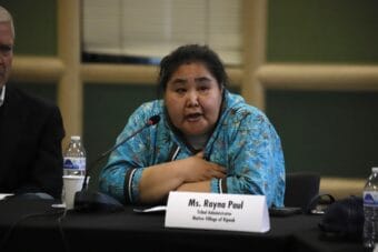 Kipnuk Tribal Administrator Rayna Paul speaks at a roundtable regarding Typhoon Halong recovery on May 5, 2026.