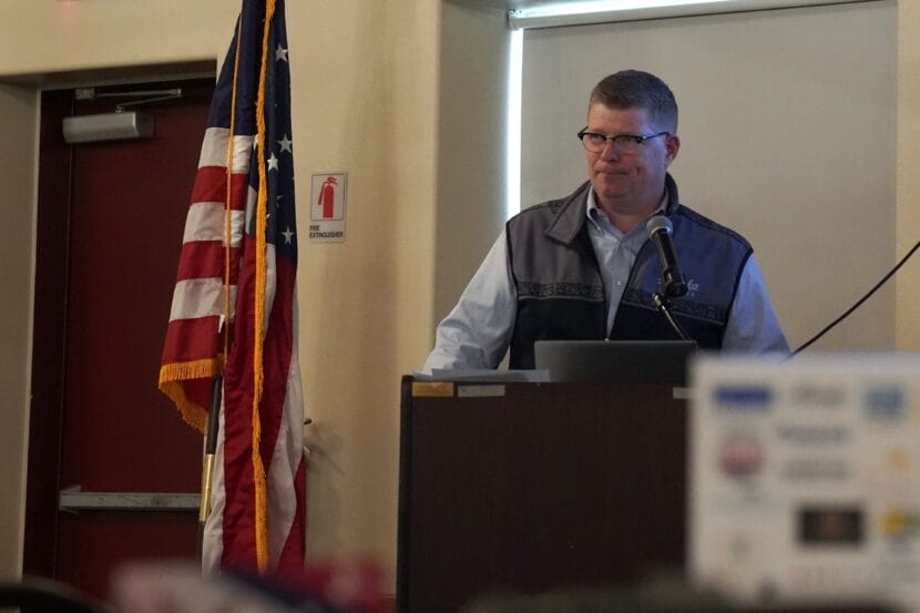 Scott Habberstad presents at the Juneau Chamber of Commerce luncheon at the Moose Lodge on May 21, 2026. (Photo by Alix Soliman/KTOO)