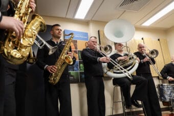 The Navy Band Northwest members play live on Juneau Afternoon in Studio 2K at KTOO on May 8, 2026. (Clarise Larson/KTOO)