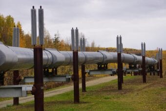 The Trans-Alaska Pipeline is seen on Sept. 19, 2022, in Fairbanks. Thermospyhons, devices that help preserve permafrost by drawing heat from the ground, protrude above the line. This portion of the pipeline, 450 miles south of Prudhoe Bay, has been transformed into a visitor pullout and is a tourist attraction.