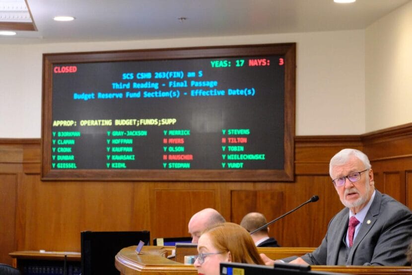 Senate President Gary Stevens, R-Kodiak, announces the final vote passing the operating budget of 17 to 3 on May 7, 2026.