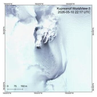 A high-resolution satellite image of active steam vents at Mount Kupreanof on May 10, 2026.