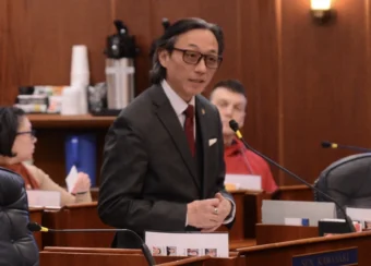 Sen. Scott Kawasaki, D-Fairbanks, speaks Friday, Feb. 7, 2025, on the floor of the Alaska Senate. (James Brooks | Alaska Beacon