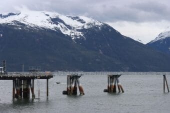 A boat cruises along the Port Chilkoot Dock in Haines on May 13, 2026.