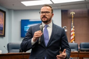 Glenfarne Alaska LLC President Adam Prestidge speaks to lawmakers and staff during a lunch-and-learn presentation on Feb. 11, 2025.
