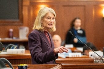 U.S. Sen. Lisa Murkowski delivers her annual legislative address at the Alaska State Capitol in Juneau on March 31, 2026.