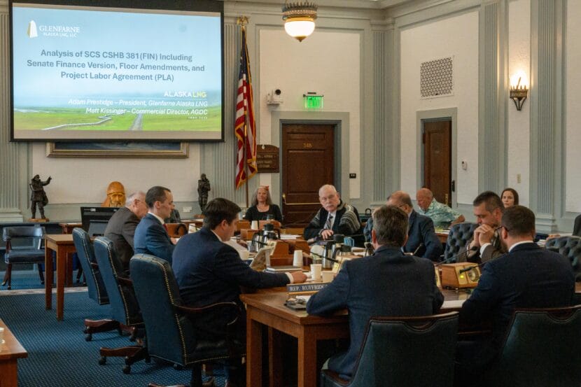 Senators and representatives on a conference committee set up to work out a final draft of a bill offering tax relief to the Alaska LNG project listen to a presentation from Glenfarne and the Alaska Gasline Development Corp. on Saturday, June 27, 2026.