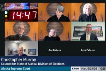 The Alaska Supreme Court hears virtual oral arguments from Cristopher Murray with the Alaska Division of Elections in the case against Daniel J. Sullivan, Monday, June 29, 2026.