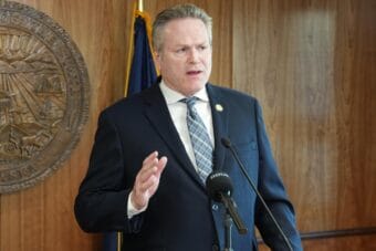 Alaska Gov. Mike Dunleavy speaks at a news conference on Friday, June 19, 2026.