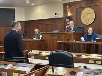Sen. Bert Stedman presides over a mostly empty Senate chamber during a technical session at the Alaska State Capitol in Juneau on July 1, 2026.