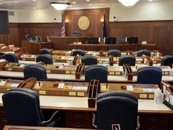 The chambers of the Alaska House of Representatives stand empty on Thursday, Aug. 13, 2026.