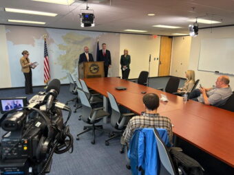 Gov. Mike Dunleavy, Lt. Gov. Nancy Dahlstrom and Stephen Cox, general counsel to Dunleavy, speak at a news conference on Sep. 7, 2026 defending the decision to re-certify Treg Taylor as a candidate for governor on the general election ballot, citing issues with multiple candidates’ financial disclosure reports and litigation risks if he were disqualified.